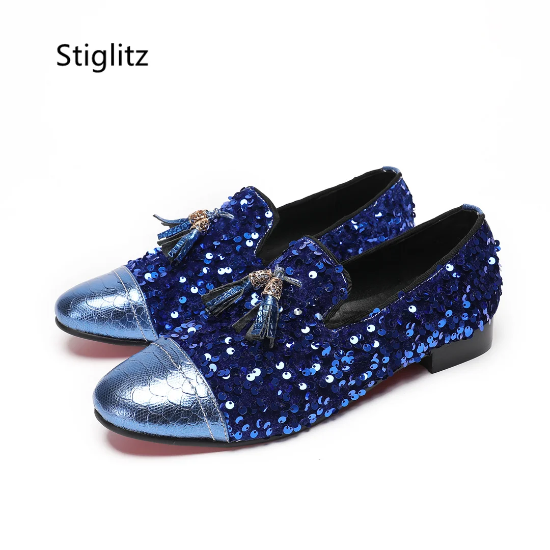 Glitter Sequin Fringe Men's Shoes Round Toe Black Blue Gold Casual Tassel Loafers Comfortable Luxury Men's Social Shoes Catwalk