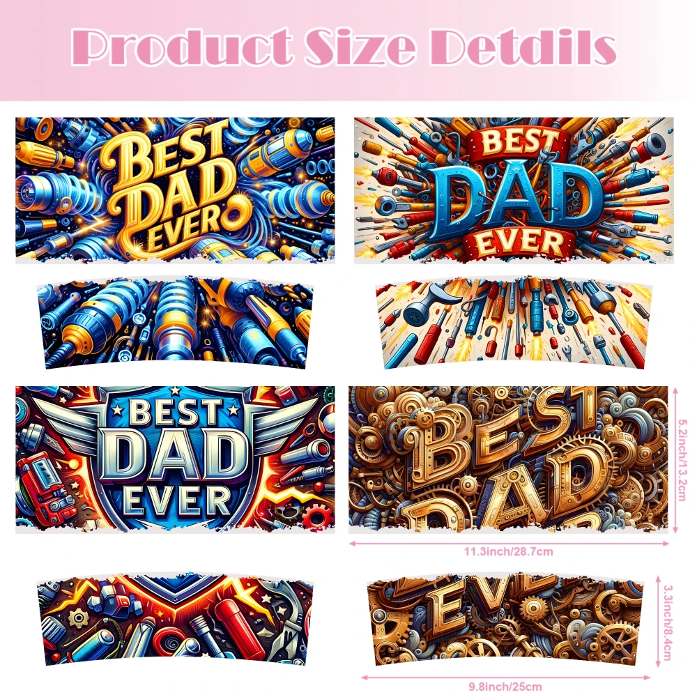 4 Sheets Best Dad Ever UV DTF Stickers for 40oz Tumblers Decorative Vinyl Transfer Stickers UV DTF Adhesive Vinyl Decal Set