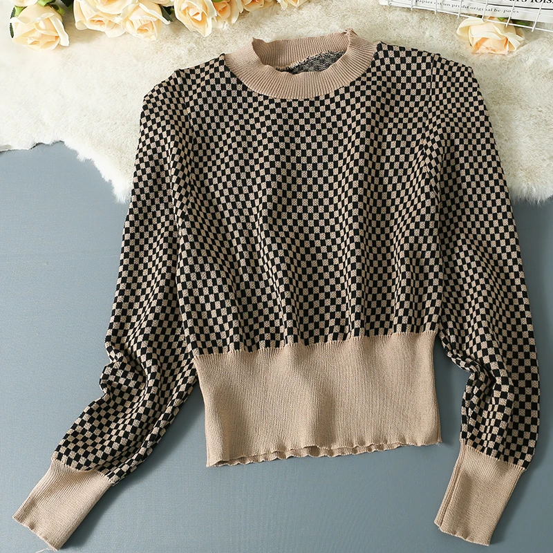 

Plaid Pullover Sweater Women Knitted Shirts Autumn Winter Long Sleeve O-Neck Outwear Casual Sweaters Knitwear Crop Tops