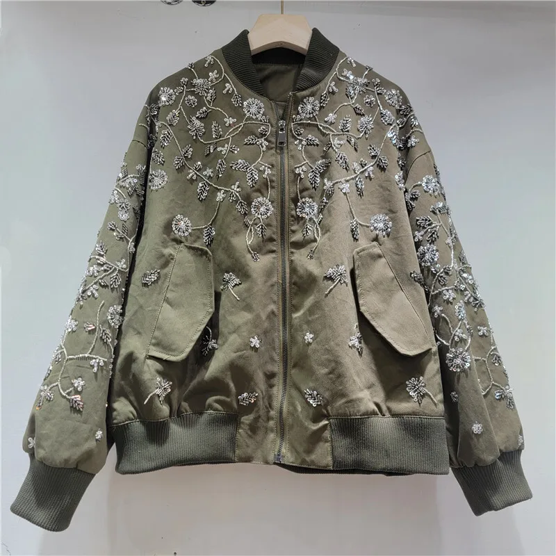WTHT New Fashion Women Spliced Nail Beading Flower Design Casual Jacket 2025 Autumn Stand Collar Long Sleeves Coat Female 1LS248