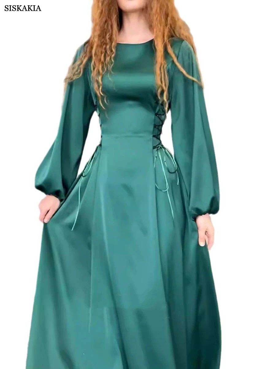 Siskakia Fashion Dubai Solid Plain Women Puff Sleeve  Long Dress Draw String At Waist O Neck Abayas Turkish Saudi Party Clothing