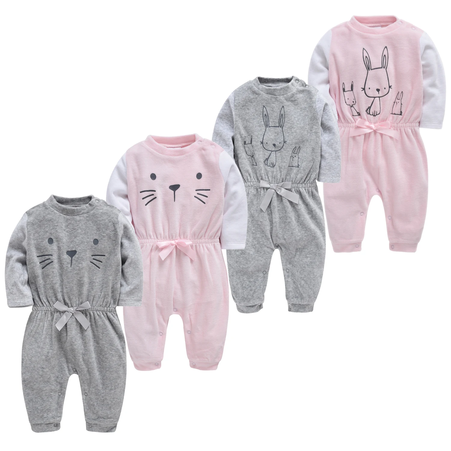 Baby Girls Romper Long Sleeve Cotton Cartoon Cat Rabbit Print Jumpsuit Newborn Infant Toddler Pink Grey Spring Autumn Clothes