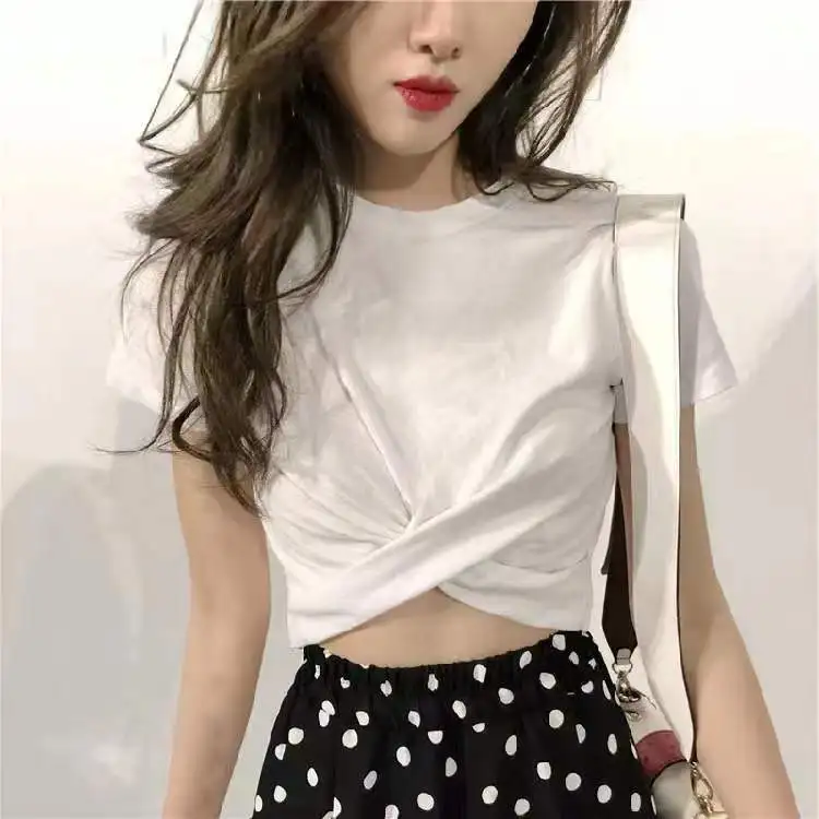 

White Short Sleeve round Neck T-Shirt Women's Spring Summer Sweet Spicy Girl Design Jazz Dance Top Korean Style Commute Wind