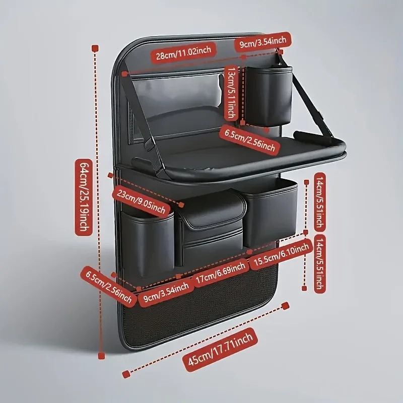 

Premium PU Leather Car Seat Back Organizer with Foldable Dining Table, Built-In Storage Rack and Multiple Compartments