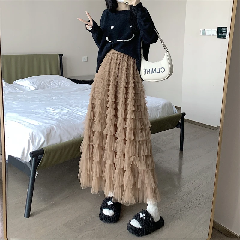 Women Chic Long A-line Skirt In Black Pink Khaki Blue Students Y2k Korean Fashion Femme Summer 2024 On Trend Midi Skirts Length