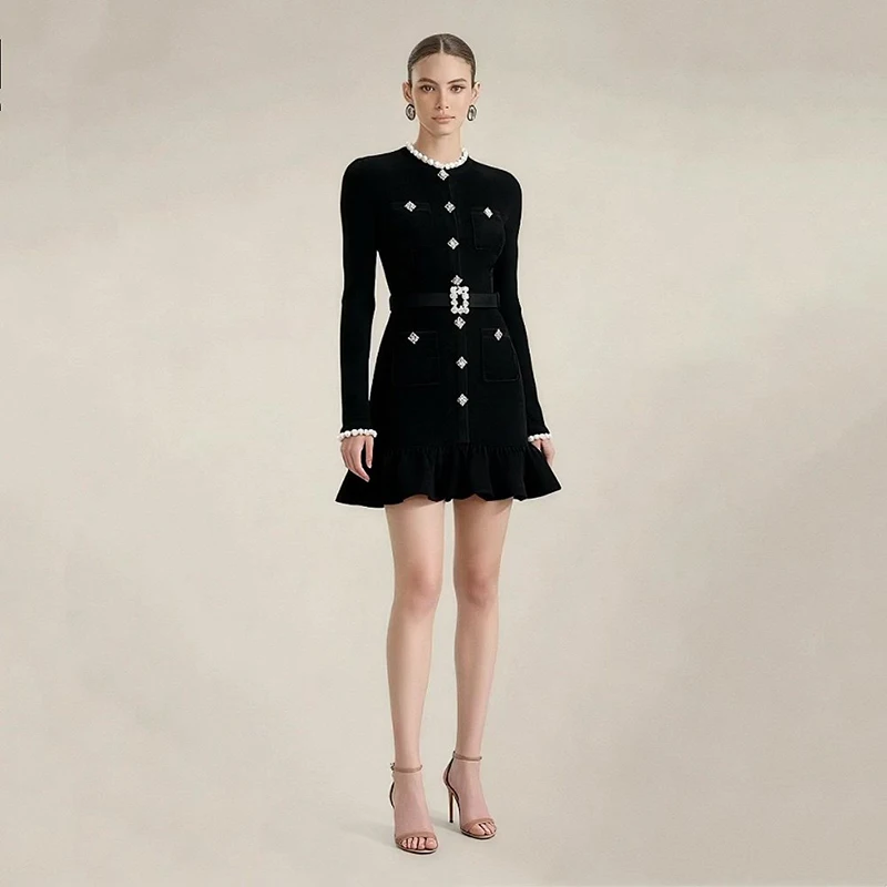 

Высококачественное бархатное платье с кружевными вставками, весеннее женское платье с круглым вырезом, длинными рукавами, облегающее, осеннее женское платье с высокой талией, мини-платье с бриллиантами