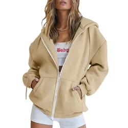 Women's Fashion Sweatshirts Vintage Korean Fashion Solid Color Long Sleeve Loose Pullovers Soft Warm Zip Up Hoodies For Women