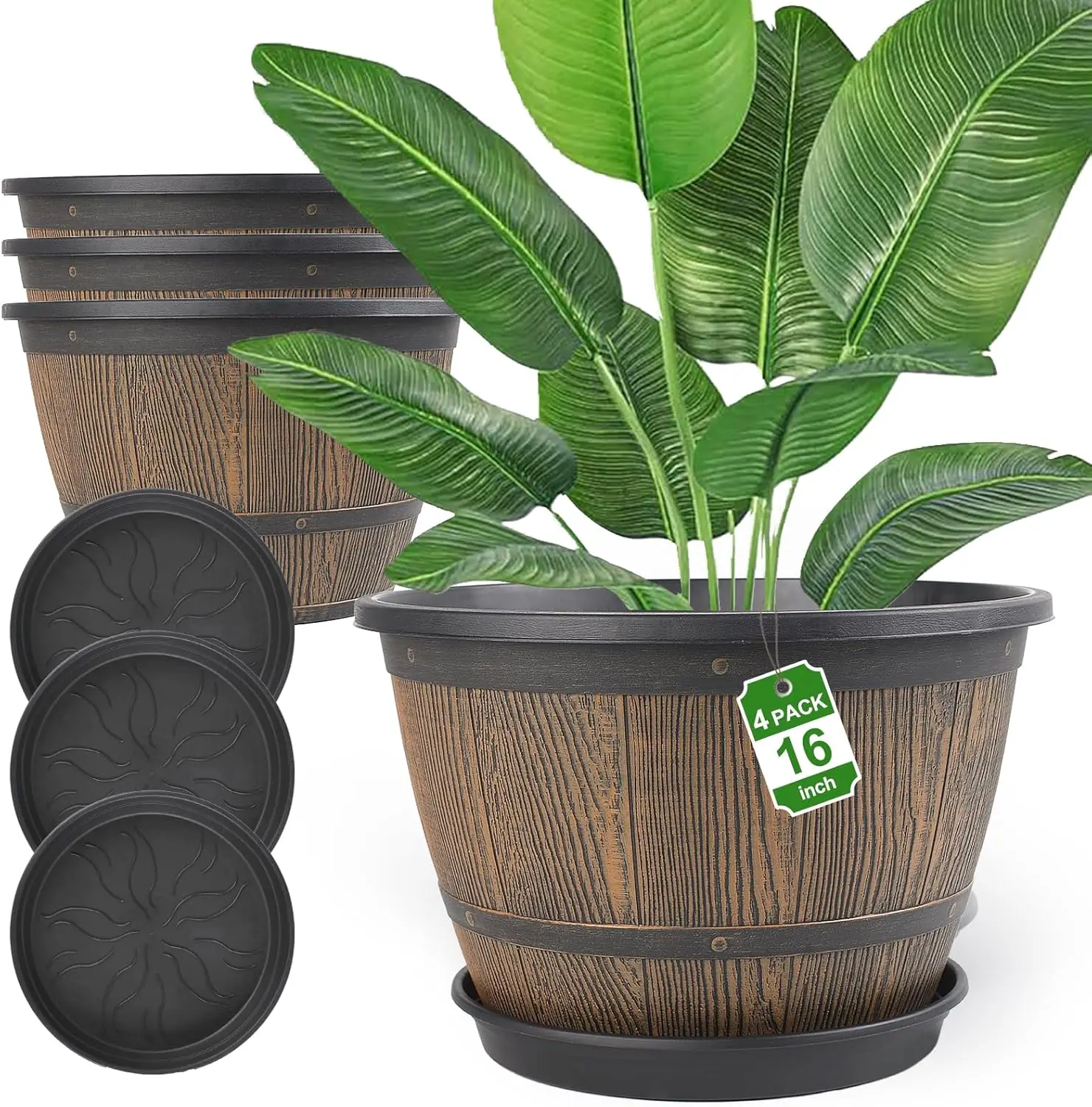 

4 Pack 16" Whiskey Barrel Planters with Drainage & Saucer, Plastic Flower Pots for Indoor Outdoor