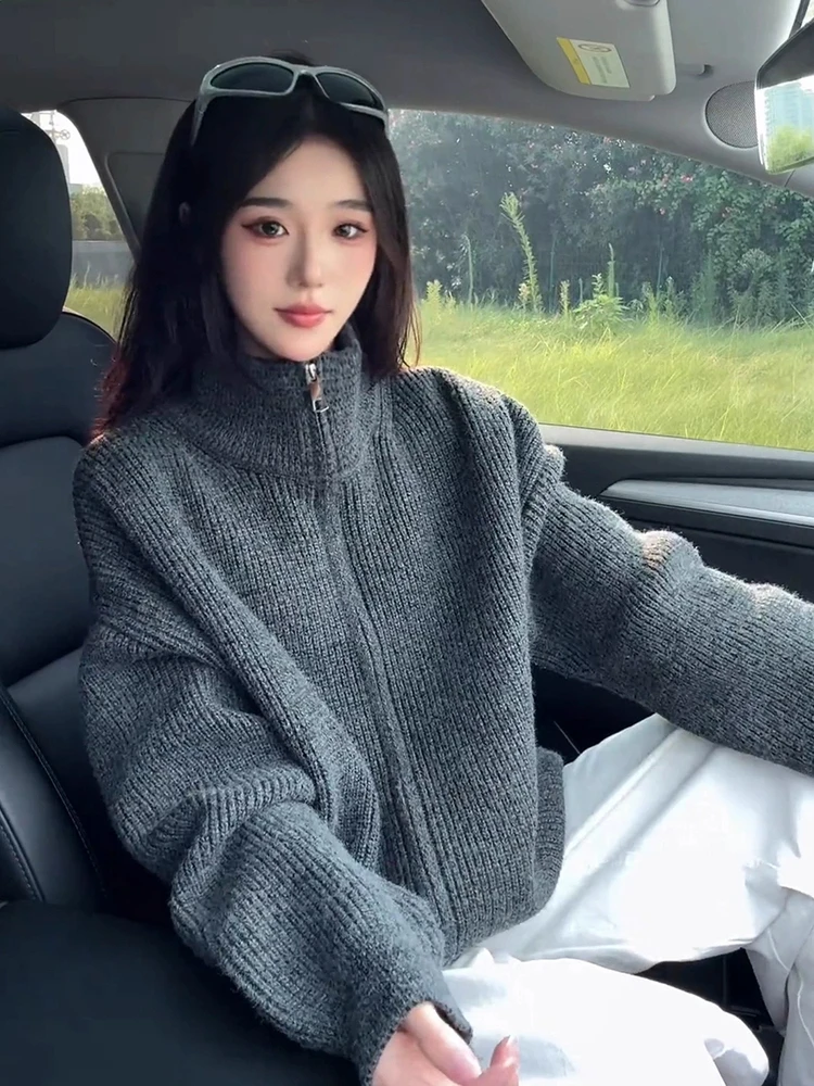 

Deep ey Knitted Cardigan Jaet Men's Lazy High-End Feeling Double Zipper Stand Collar Sweater Cleanfit Sle Autumn Outerwear