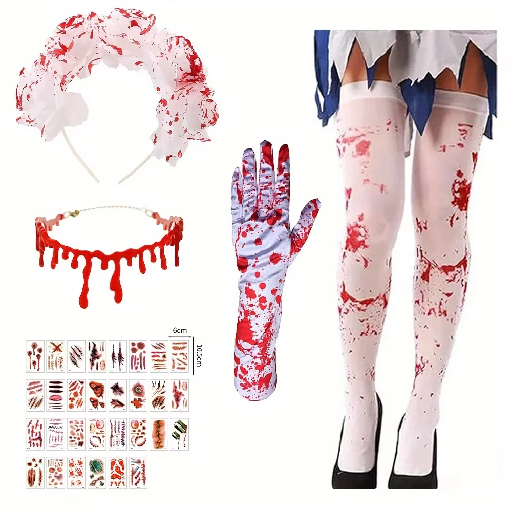 

Комплект PESENAR, костюм невесты «Кровавый зомби» на Хэллоуин с чулками, гирляндой, ролевой игры