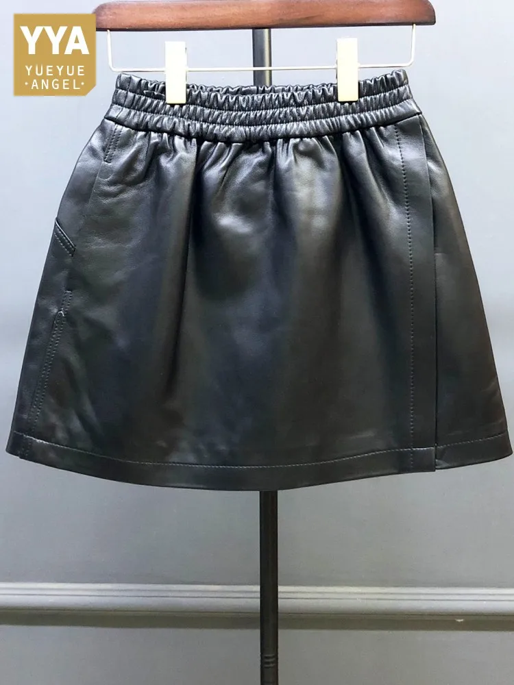 

Стиль отдыха, однотонные женские модные короткие юбки из натуральной кожи, высокое качество, свободная юбка из овчины с эластичной резинкой на талии 4XL