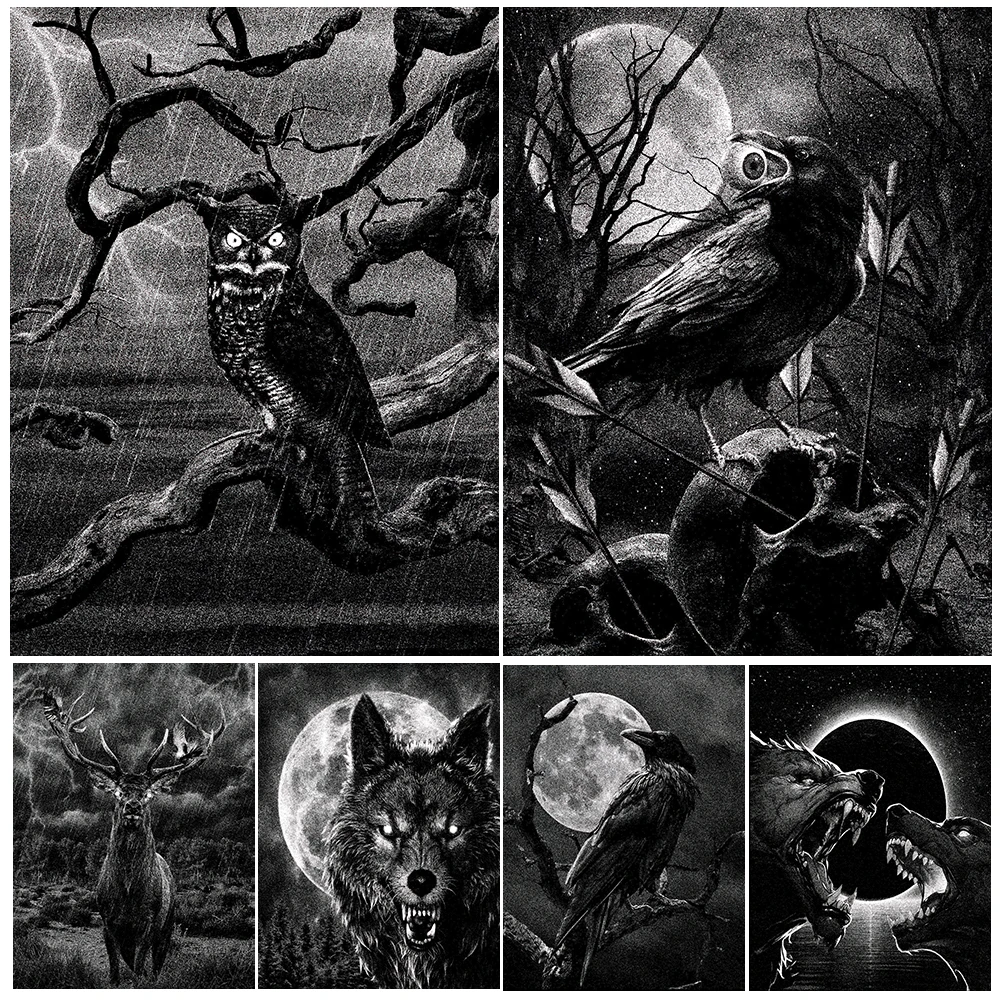 Mysterious Animals Under The Full Moon,Vintage Wall Art Canvas Painting,Owl, Crow, Wolf,Abstract Art Poster And Print Home Decor