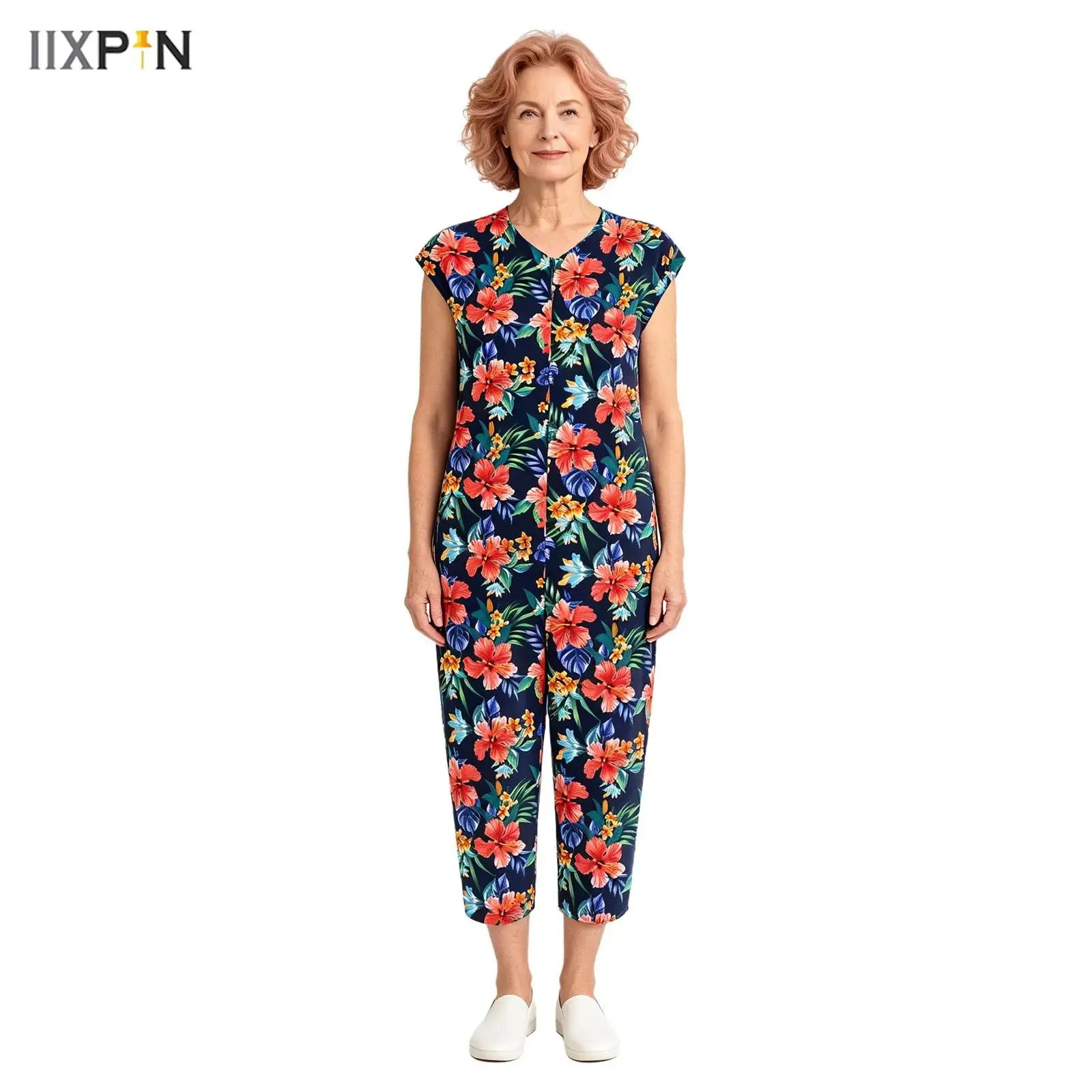 Women Sleepwear Adaptive Special Needs Clothes V Neck Sleeveless Back Zipper Bodysuit Soft Breathable Cotton for Seniors Home