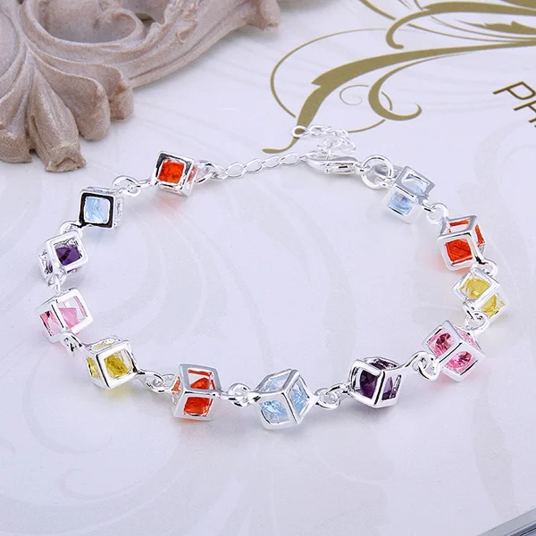 ,Tag Women Lady Wedding Gift 925 Sterling Silver Jewelry Fashion Charm Colorful Zircon Crystal Bracelet Free Shipping