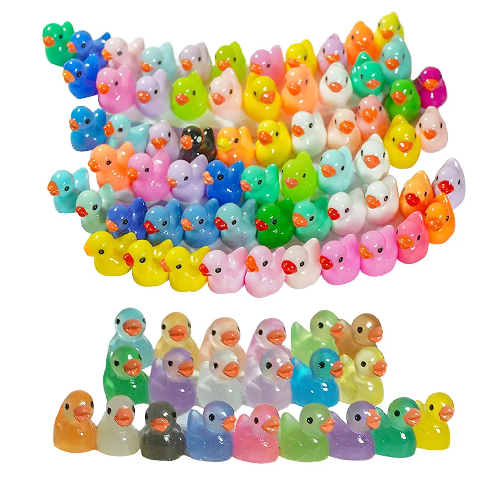 240Pcs Mini Resin Ducks Colorful Tiny Duck Decor Glow In The Dark Micro Landscape Duck Ornaments Waterproof for Garden Aquarium