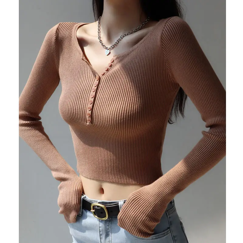 Korejpaa French Retro Pull Femme Knitwear V-neck Knitted Bottoming Shirt Women 2024 Spring Korean Fashion Slim Sweater Top