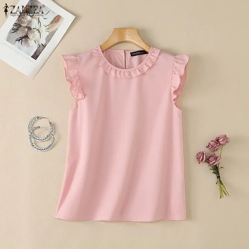 Women 2026 Summer Elegant Ruffles Trim Blouses O-Neck Cap Sleeves Solid Color Regular-fit Tops ZANZEA Lightweight Day Wear Blusa