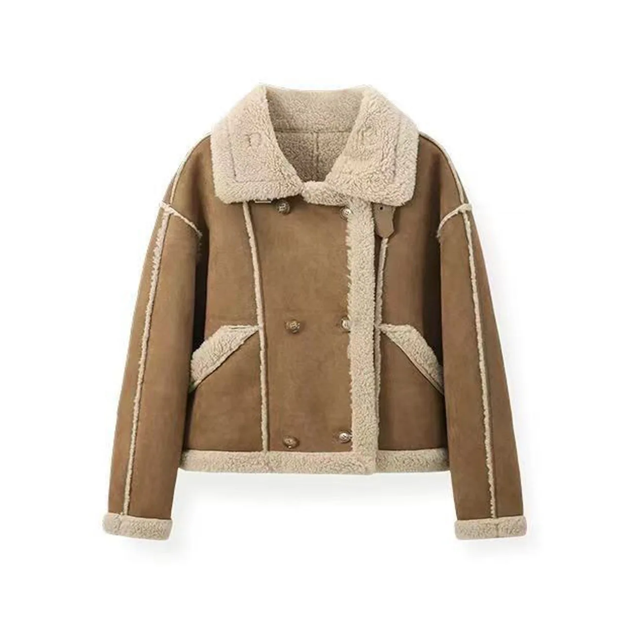 Sheep Wool Coats Double Breasted Long Sleeve Jacket Stand Collar Loose Fit Outerwear Spliced Solid Pockets Streetwear Autumn