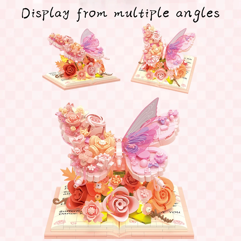 Nuevo libro de rompecabezas 3D, modelo de ramo de mariposas, conjunto romántico DIY, regalo de cumpleaños para niñas, niños, 850 Uds., dispositivo de iluminación, bloques de construcción