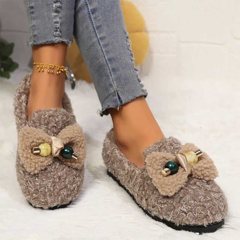 

2025 Winter New Thicken Plush Shoes Women Elegant Bowbkot Detor Flats Shoes Woman Slip On Fleece Warm Cotton Shoes Female