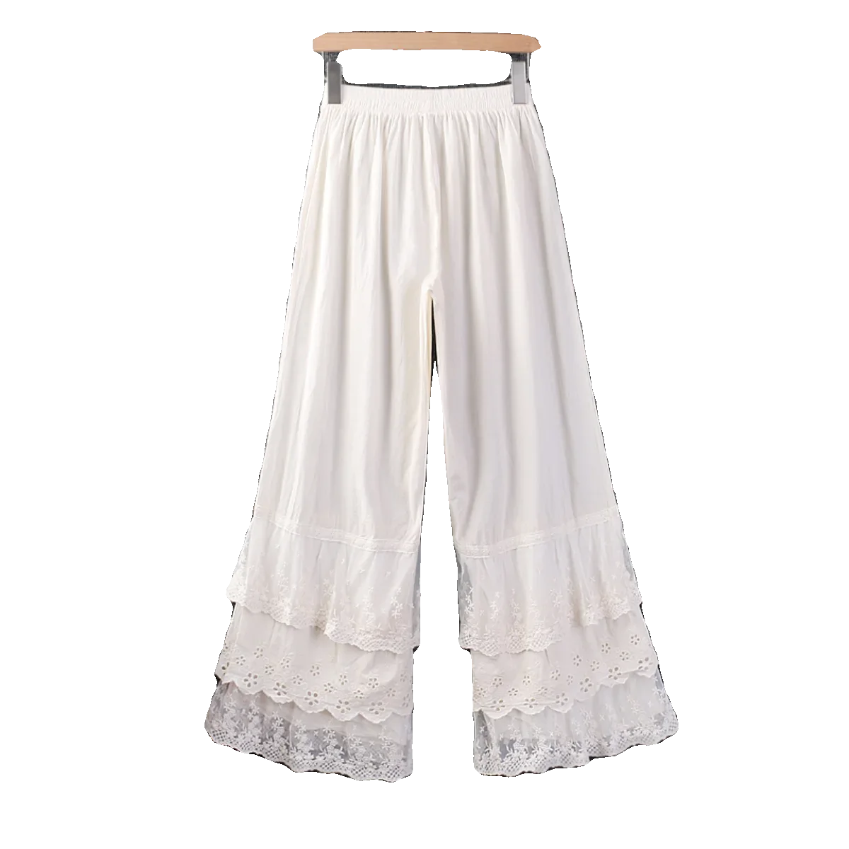 Japanese Sweet Lolita Layer Ruffles Floral Embroidered Wide Leg Pants for Women, Solid Color, Elastic Waist Flare Pants, Spring