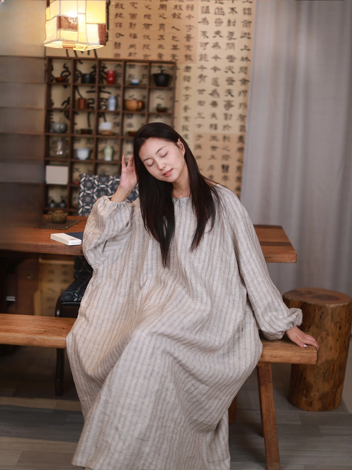 

Платье-рубашка Muhelistinghua из цветного тканого льна в повседневном стиле для отпуска, длинное, винтажное, фасон H, приятное к телу, дышащее, свободного кроя