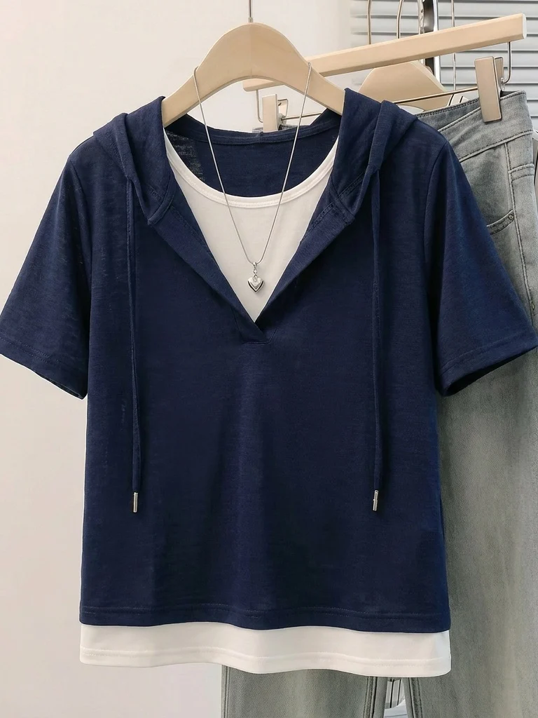 Loose Fit Hoodie Short Sleeve T-Shirt Women plus Size Summer New Style Korean Style Commute Style Big Code Micro Fat MM Slimm...