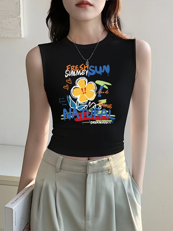 Biała, krótka bluzka na ramiączkach, damska bielizna, nowość 2025, wysoki stan, krótki top, letni top, kwiatowy wzór, Commu...