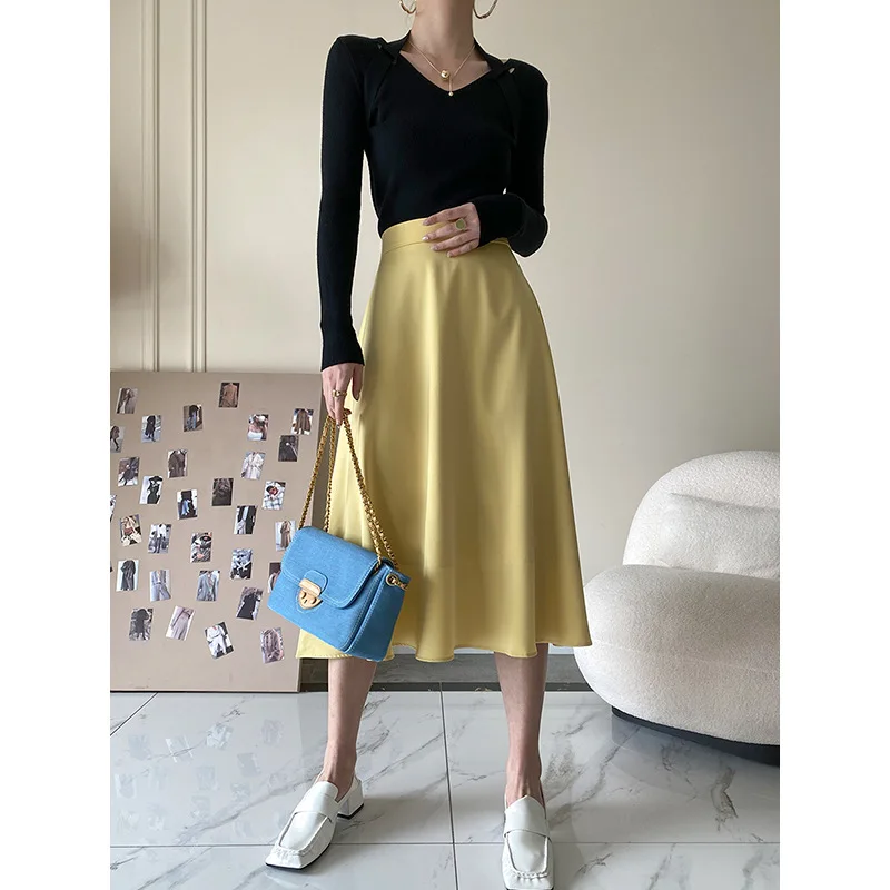 DUEWEER High Waist Satin A-Line Skirts Women Spring Elegant Black Midi Skirt Vintage Korean Aesthetic Fashion Grunge Fairy Core