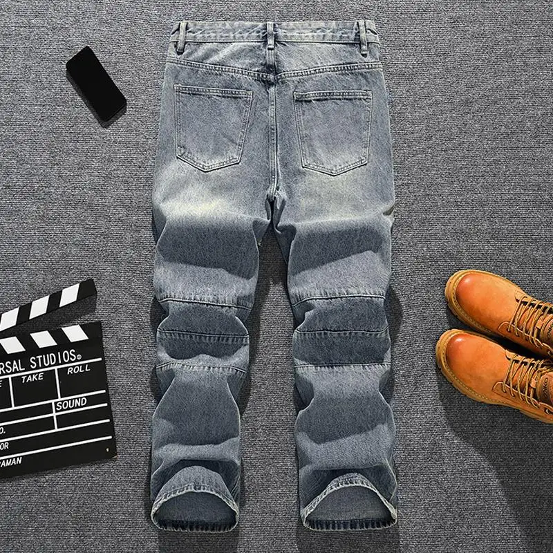 Marca de moda americana retro nostálgico solto perna reta jeans rasgados para homens, babados de rua e calças de perna larga elegantes