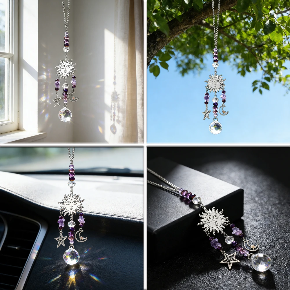 

Sun Moon Star Suncatcher Crystal Pendant, Car Rearview Mirror Hanging Decor, Amethyst Light Refraction Ornament, Healing Gift