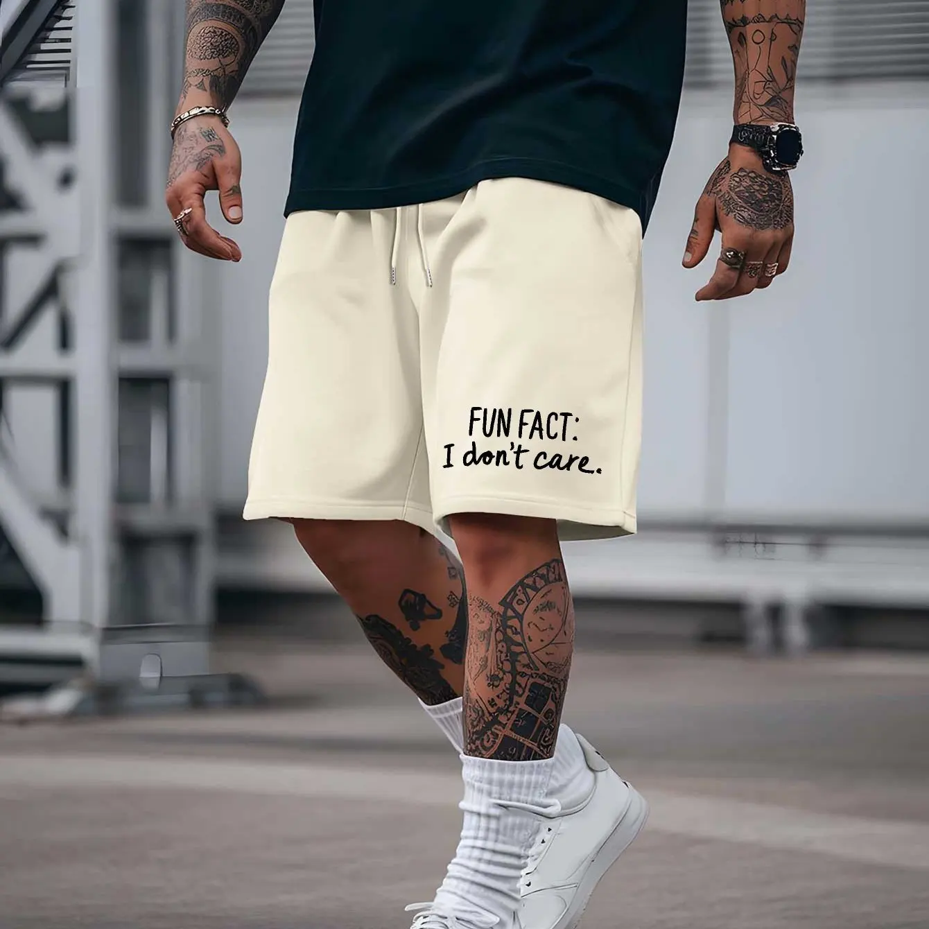 Text printed drawstring waist shorts, versatile for summer casual sports, unisex