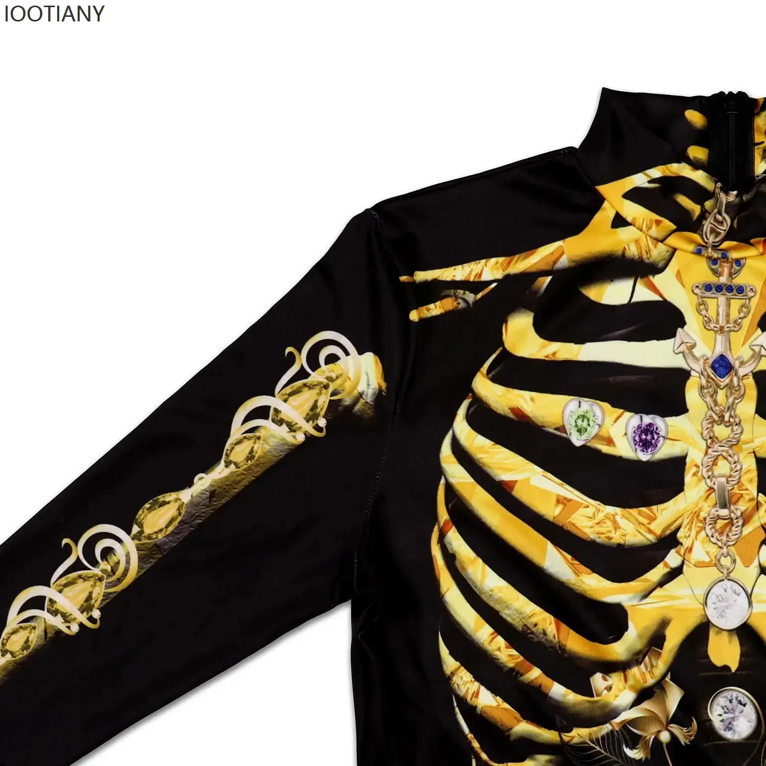 Women Halloween Skeleton Gold Rose Long Sleeve Dress Sexy Holiday Party Stage Bodycon Funny Role Playing Performance Costume - view 6