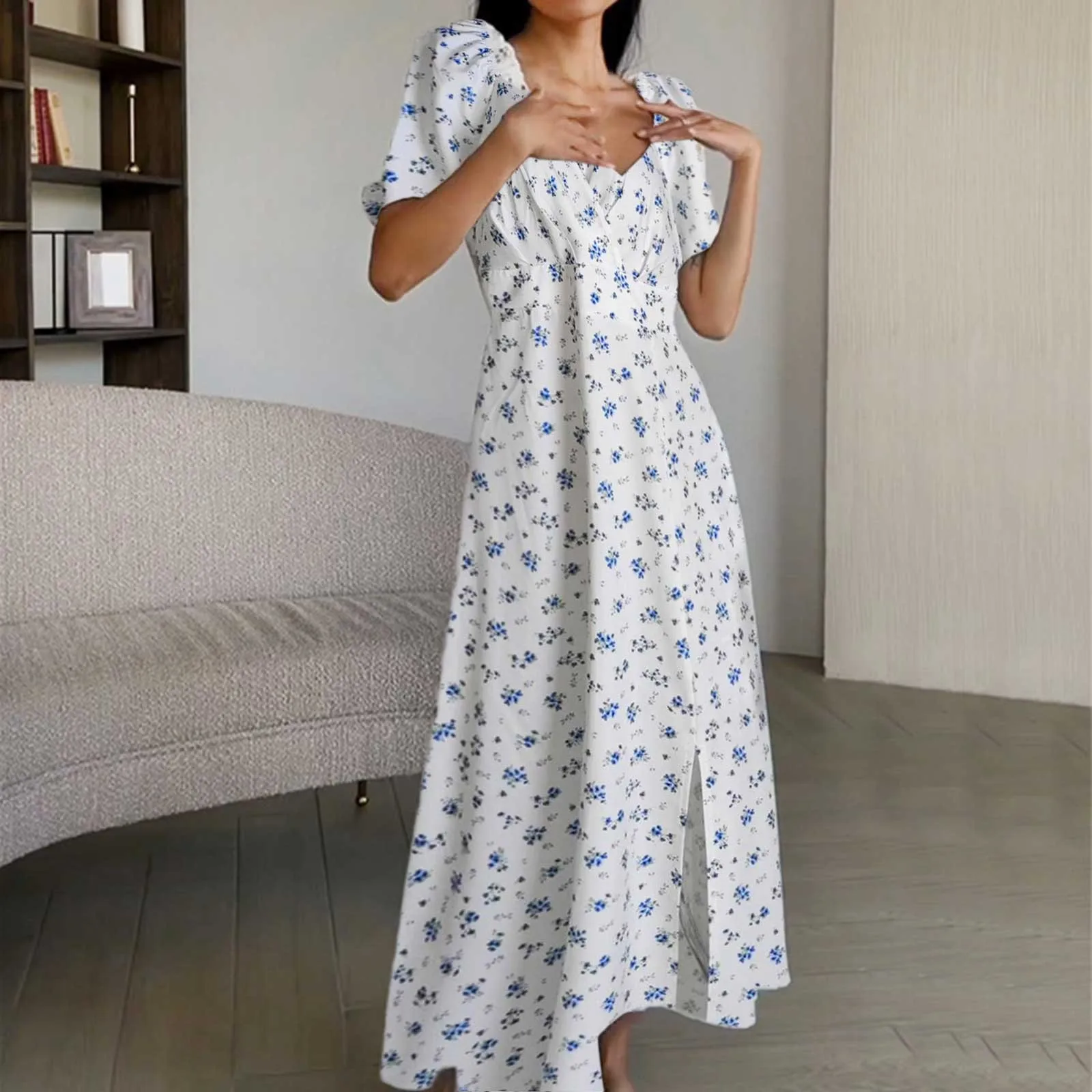 

Women's Summer Dress Chiffon Elegant Floral Print Vintage Long Maxi Dress with Side Slits Sexy Summer Dresses for Women 2023