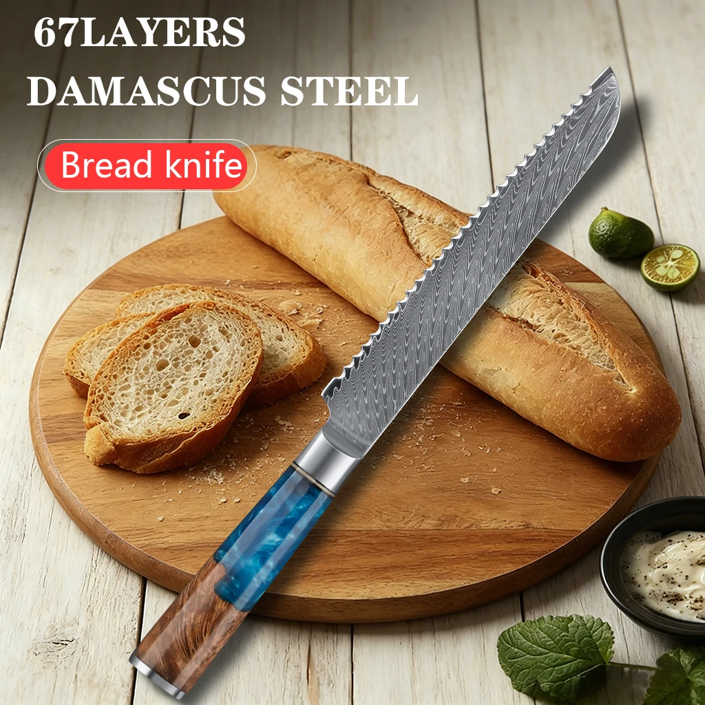 

7.5 inch Bread Knife Japanese Damascus Steel Professional Chef Knife Cut Ice Cheese Cake Baking Serrated Knives Kitchen Cooking