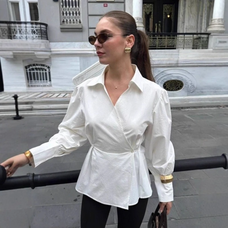 

2026 Spring Hot Selling New Style Temperament Collar Pure Cotton Bubble Sleeve Waist Shirt