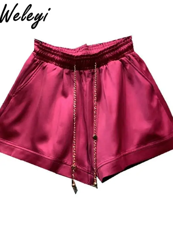 Summer Women's Elastic High-waisted Satin Short Pants Casual 2024 New Streetwear Large Size Loose A-shaped Wide-leg Shorts Woman