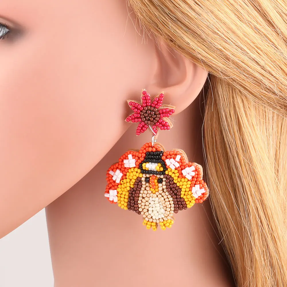 FLOLA Multicolor Seed Beads Turkey Earrings for Women Handmade Big Beaded Earrings Thanksgiving Jewelry Gifts ersa263