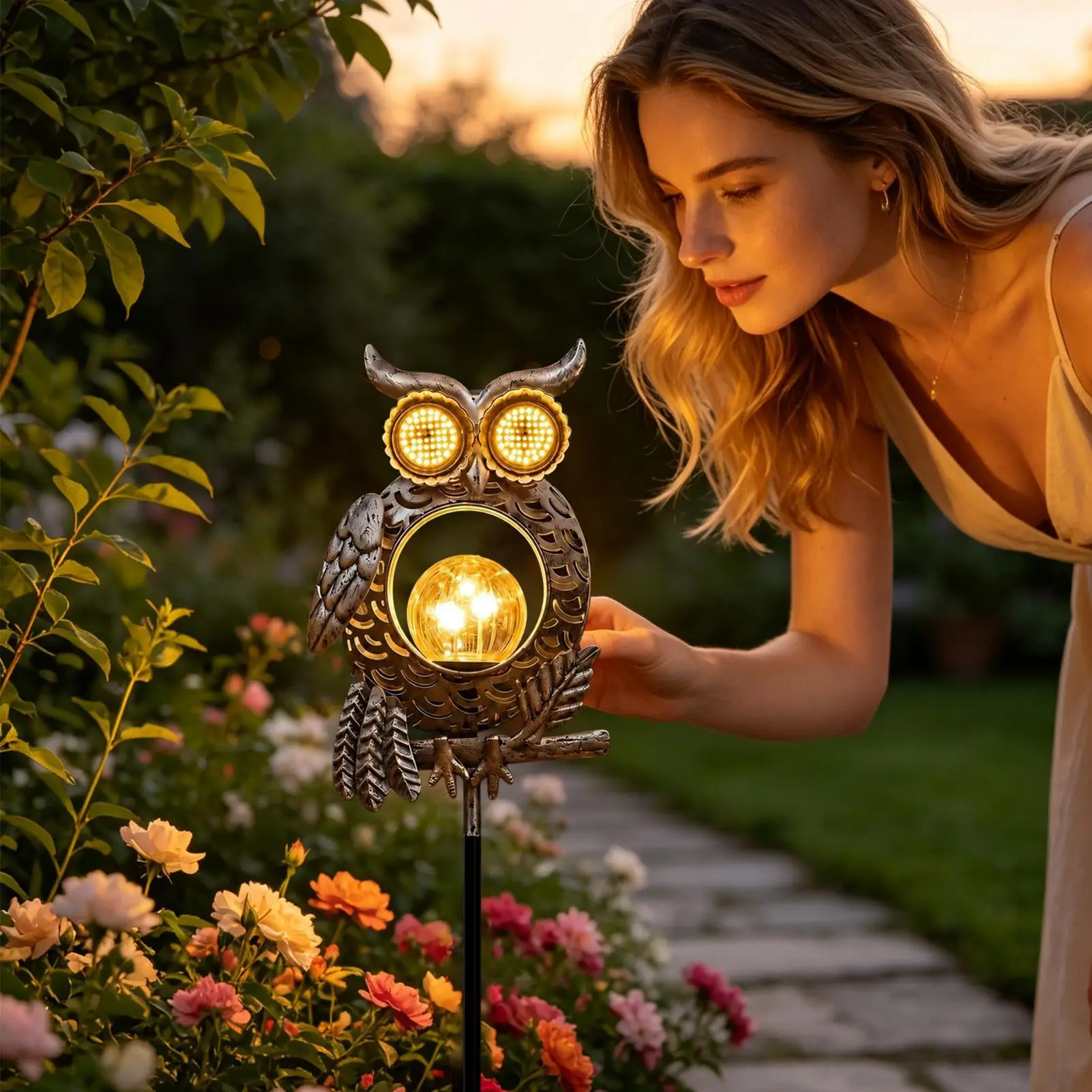 Solar Owls For Outdoors IP65 Waterproof Metal Blinking Yard Art Bird Yard Stakes Patio Decor For Lawn Pathway Porch Backyard