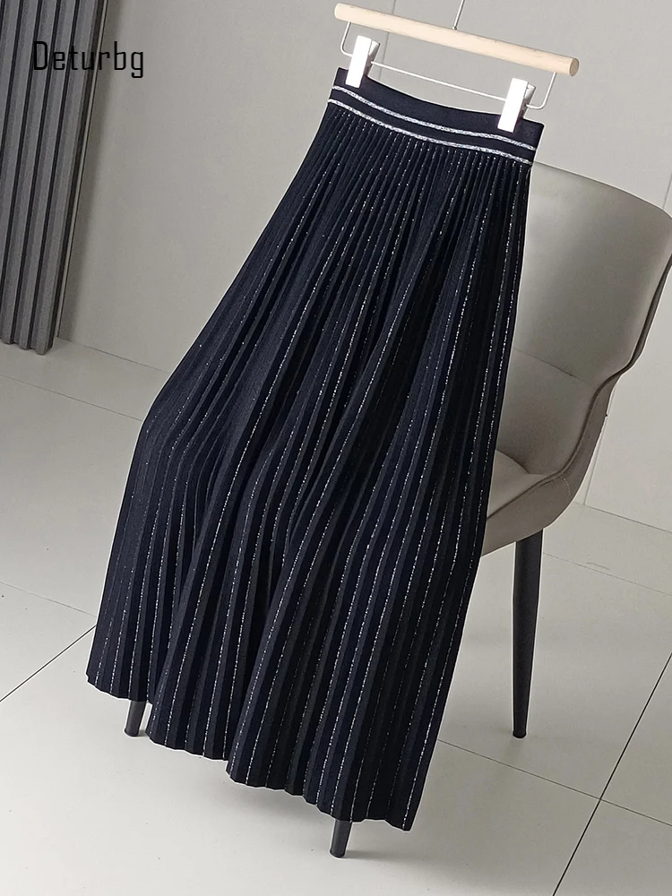 

Women's Knitted Midi Long Skirts with Bright Silk High Waist Anti Pilling Durable Warm Pleated A-Line Skirt 2024 Winter K403