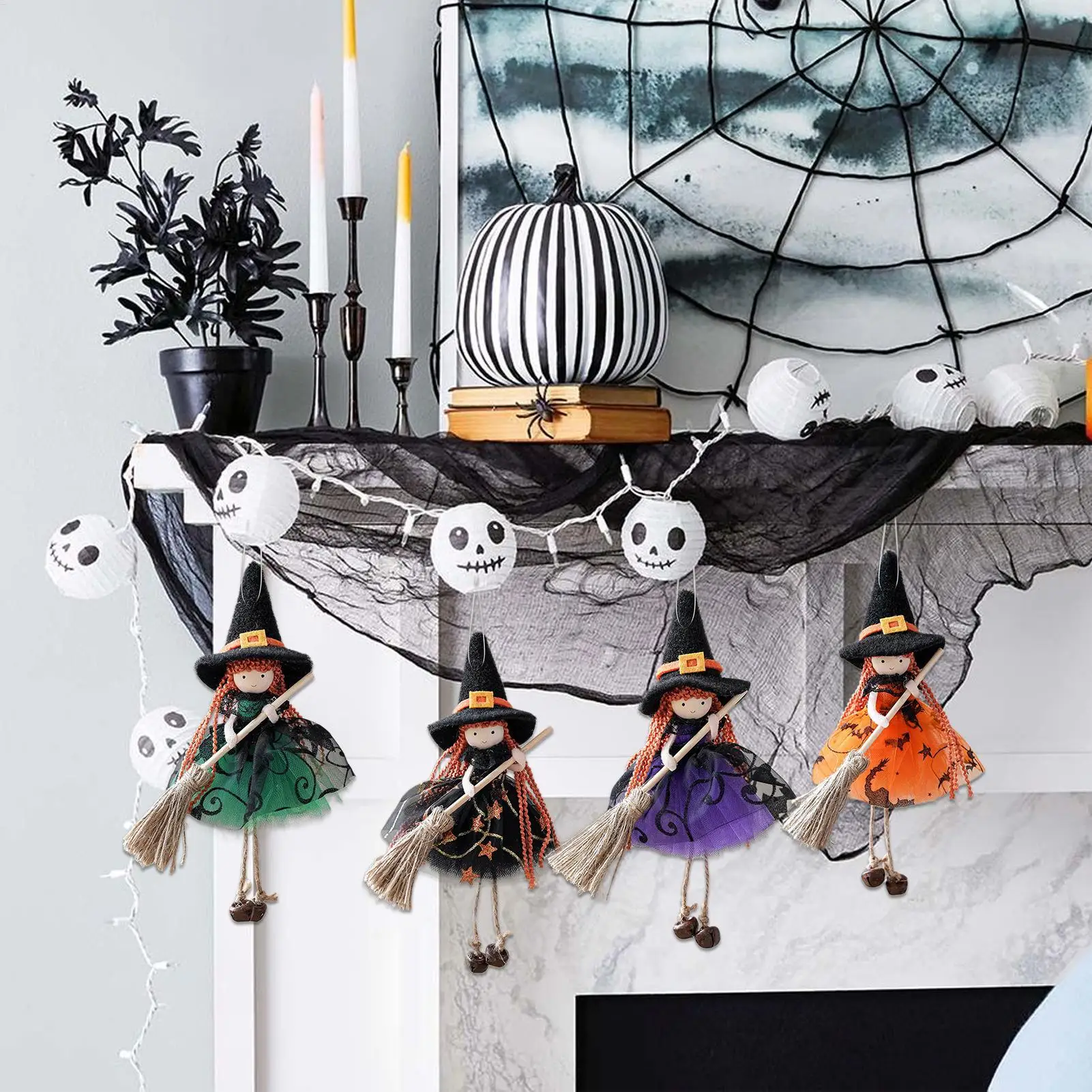 Hexenpuppe, Halloween-Hexenpuppe, zum Aufhängen, Dekoration mit Besen, Sammlerfigur, Ornament zum Aufhängen, für Küche, Spukhaus