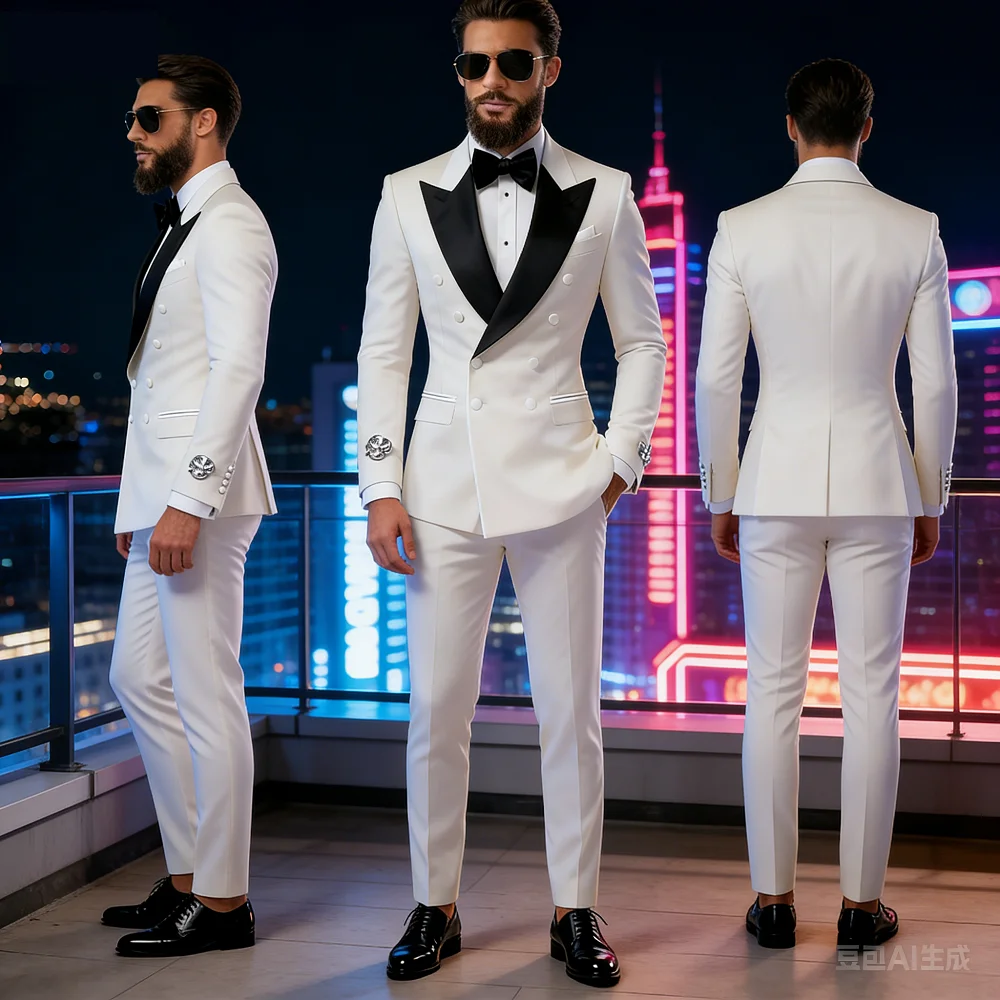 

Men's 2-Piece Casual Smalking Set with White Lapel Blazer And Black Pants Wedding Groomsmen Suit for Ceremony And Festa