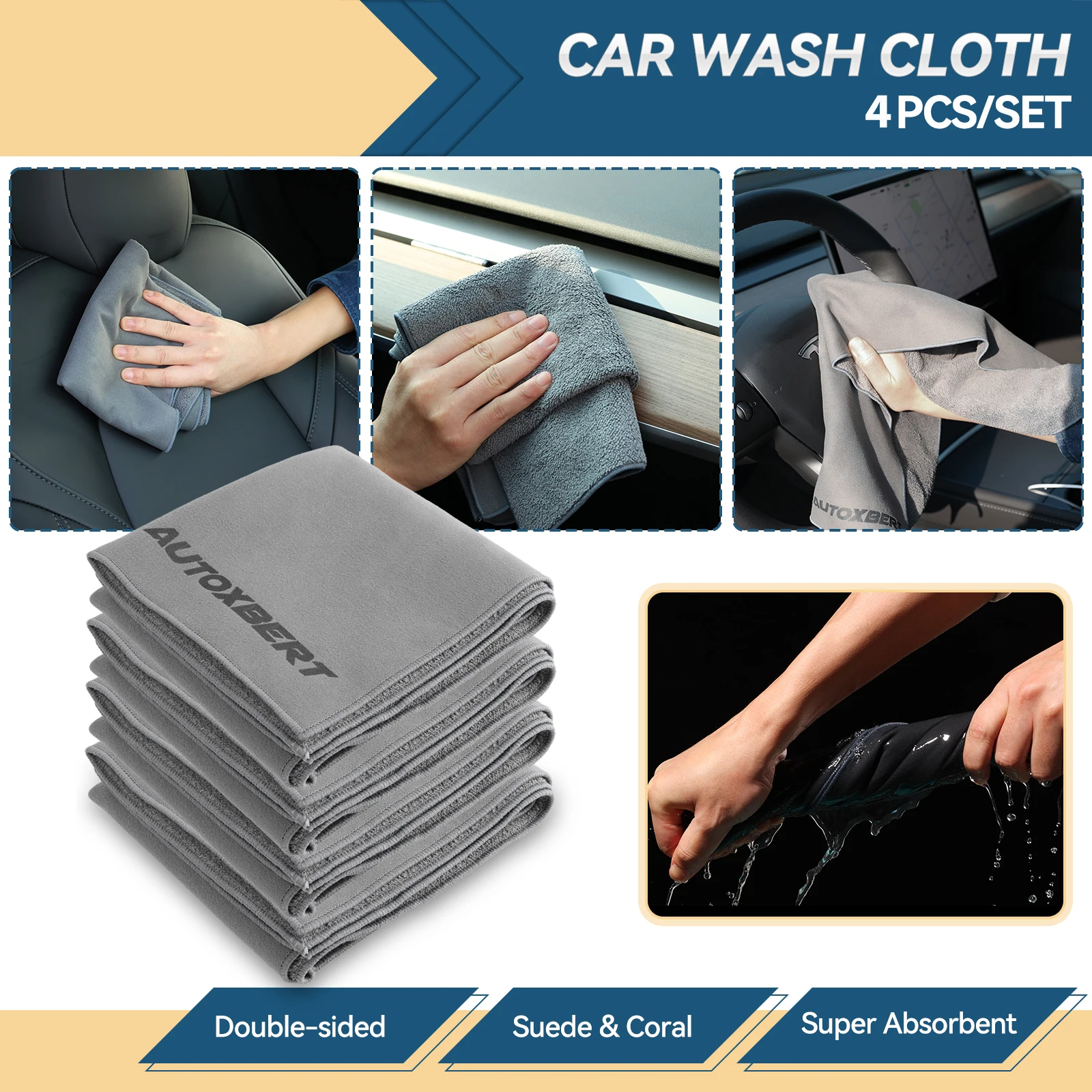 4PCS Car Drying Towel Car Cleaning Cloth Suede & Coral Velvet Double-sided Super Absorbent Thick Soft Multipurpose Accessories