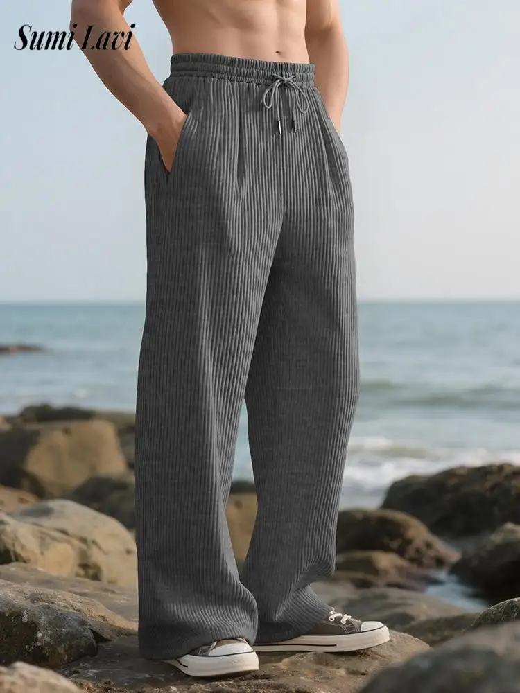 

Повседневные мужские свободные прямые брюки для отдыха, новые повседневные однотонные текстурированные брюки в рубчик, весенне-осенние мужские модные брюки