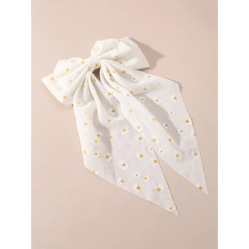 1pc Flowing Ribbon Daisy Bow Spring Hair Clip – Embroidered Back-of-Head Barrette, Sweet & Elegant Everyday Accessory.