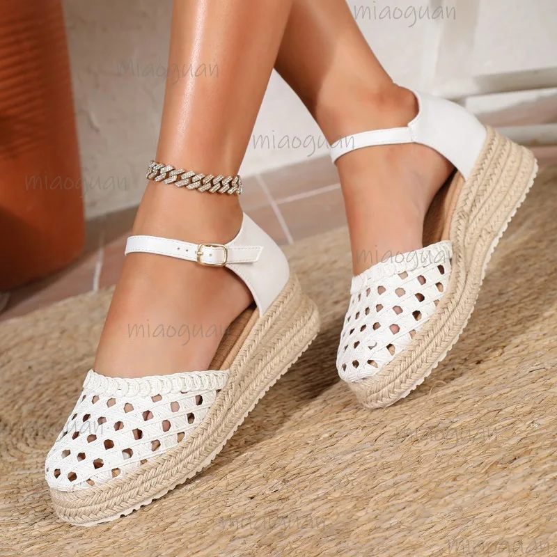 Boho Women's Hollow Out Woven Espadrille Wedge Sandals Ankle Strap Closed Toe Platform Sandals Breathable Summer Shoes 2026 New