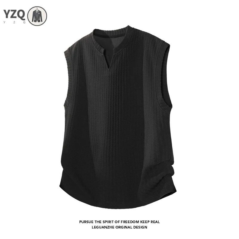 Men Oversized Curved Hem Sleeveless Tank Top Notched Neck Vertical Rib Knit For Summer Street Wear And Home Relax Use