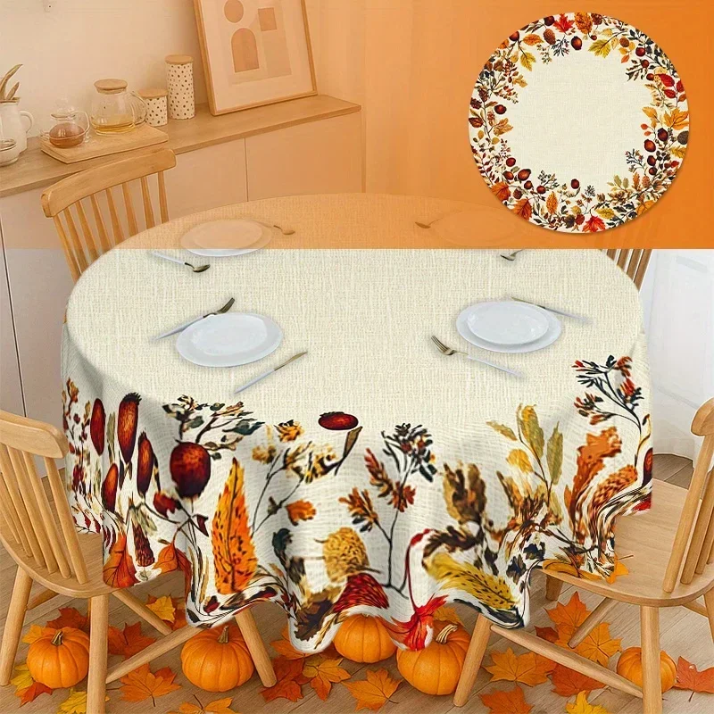 One piece of mushroom berry leaf autumn round tablecloth. Thanksgiving harvest party picnic dinner tablecloth. yzb