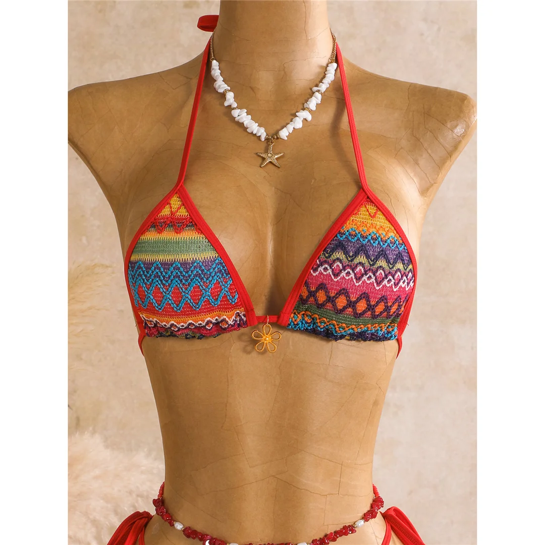 Bedruckter Bikini mit Sarong-Oberteil, Damen-Badeanzug, dreiteiliges Bikini-Set, gepolsterter Badeanzug, Badebekleidung, Modell V8332. – Detail 11