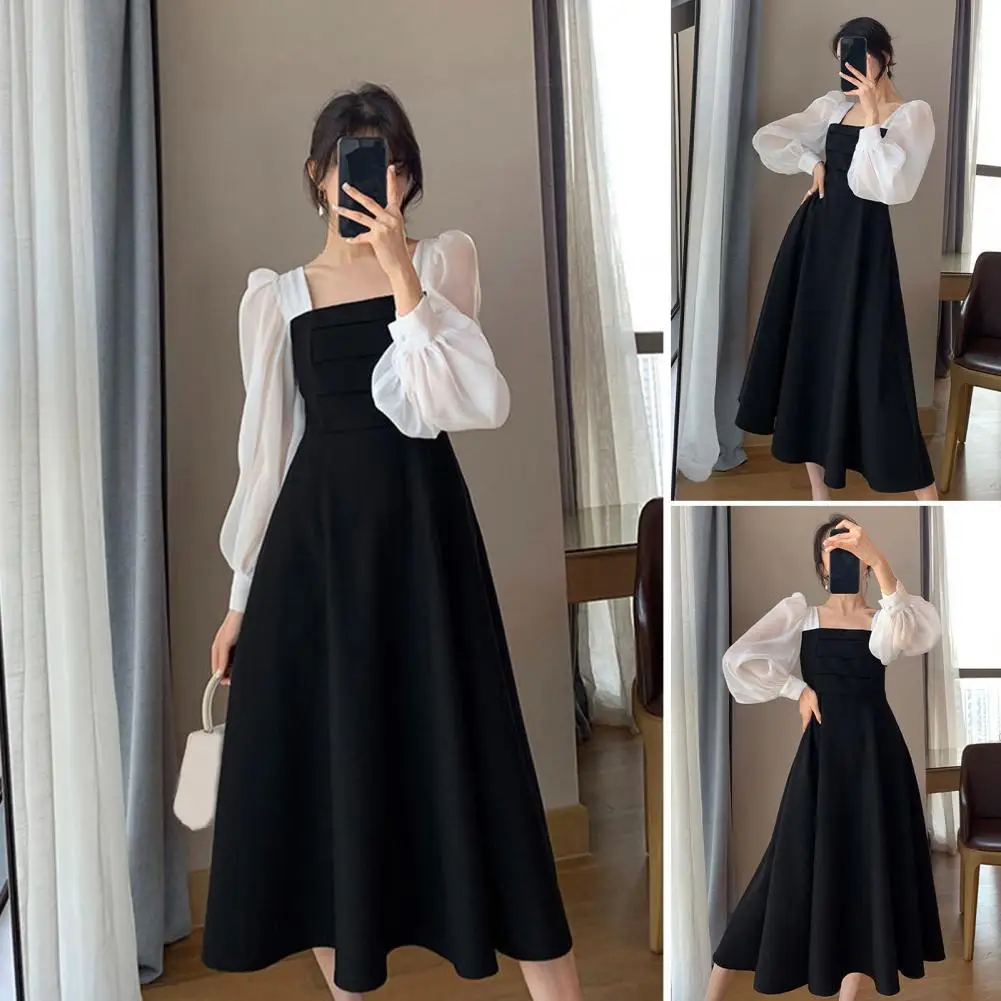 Mn-Robe mi-mollet à col carré pour femme, robe de rencontre, manches lanterne, longueur automne